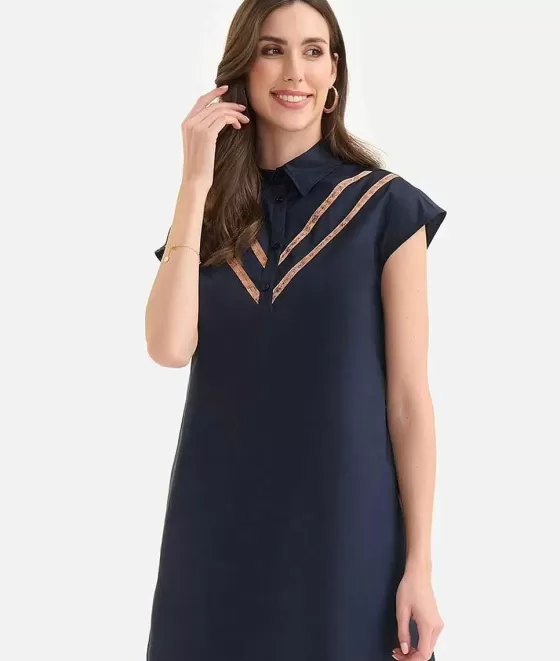 Donna Alviero Martini 1a Classe Abito A Sacchetto Con Motivo Scollo In Popeline Di Cotone Croccante Blu Scuro