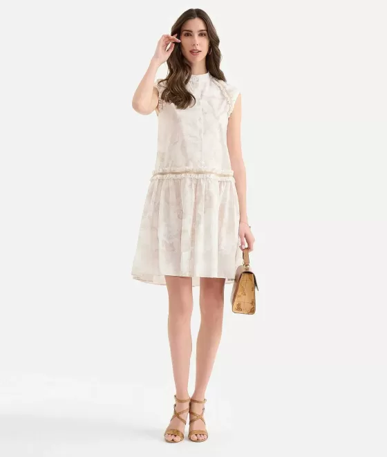 Donna Alviero Martini 1a Classe Abito Chemisier Con Rouches In Popeline Di Cotone Geo Color Bianco