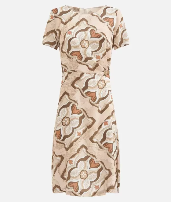 Donna Alviero Martini 1a Classe Abito Con Passante Gioiello In Twill Stampa Geo Miami Deco Sabbia