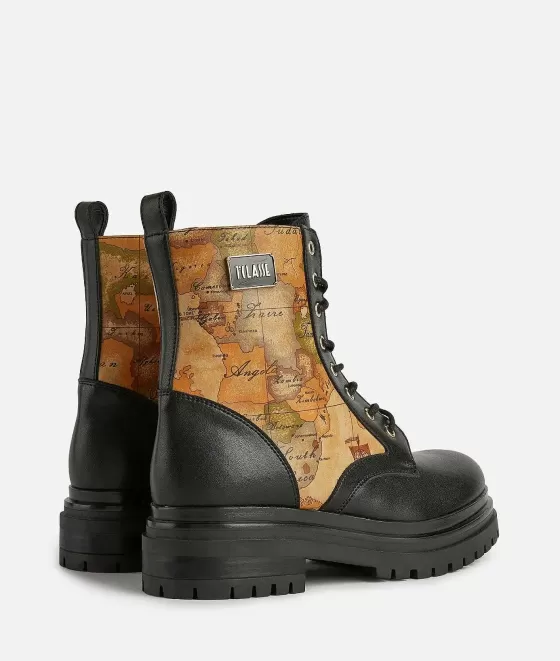 Donna Alviero Martini 1a Classe Anfibi In Pelle Liscia Con Inserti In Eco Nappa Stampa Geo Classic Neri