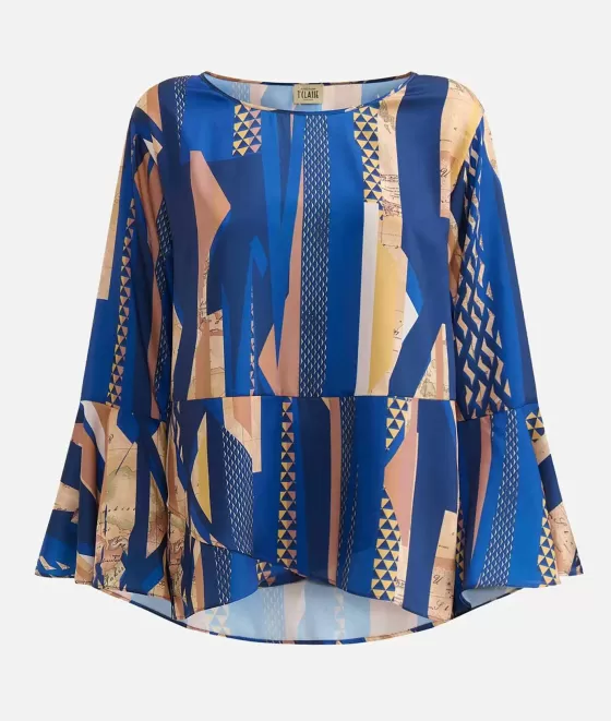 Donna Alviero Martini 1a Classe Blusa Con Manica A Campana In Twill Stampa Geo-Metrico Blu Scuro