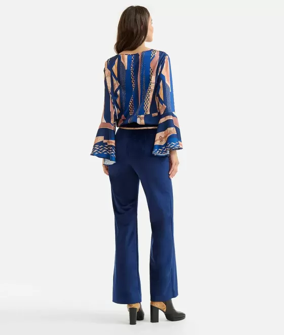 Donna Alviero Martini 1a Classe Blusa Con Manica A Campana In Twill Stampa Geo-Metrico Blu Scuro