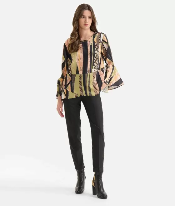 Donna Alviero Martini 1a Classe Blusa Con Manica A Campana In Twill Stampa Geo-Metrico Verde