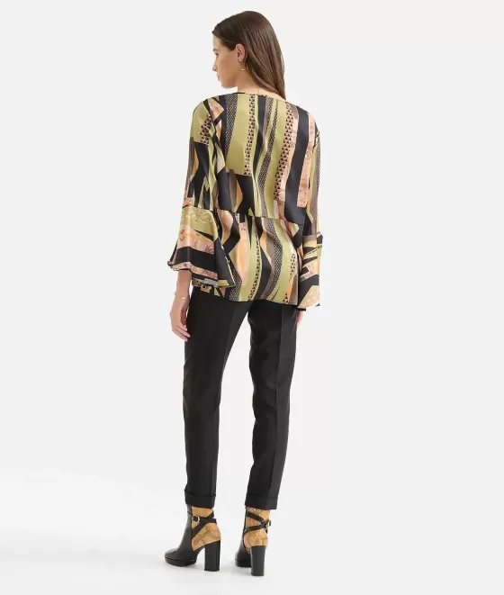 Donna Alviero Martini 1a Classe Blusa Con Manica A Campana In Twill Stampa Geo-Metrico Verde