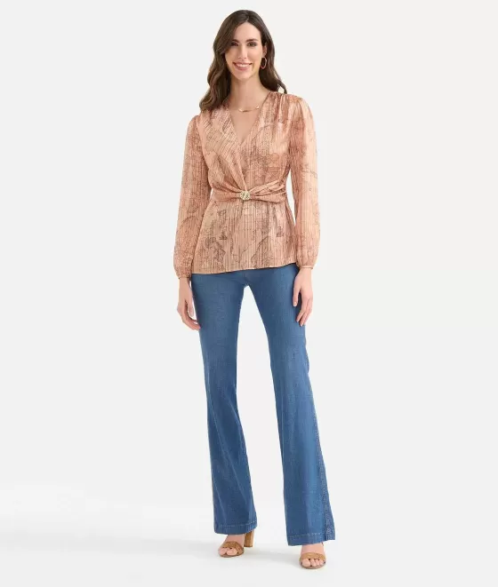 Donna Alviero Martini 1a Classe Blusa Con Spilla In Organza Stampa Geo Special Beige