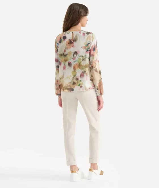 Donna Alviero Martini 1a Classe Blusa Con Volant In Twill Stampa Geo Acquerello Rosa