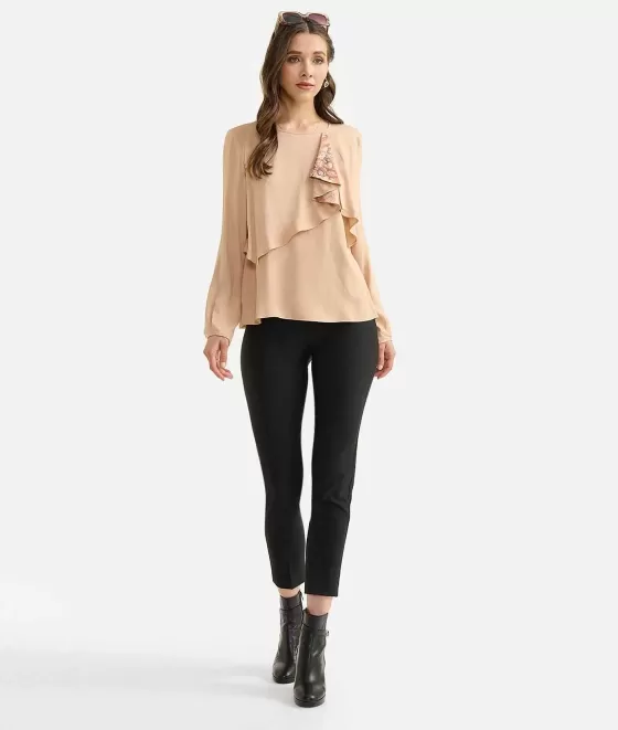 Donna Alviero Martini 1a Classe Blusa Con Volant In Viscosa Eco-Recycled Cammello