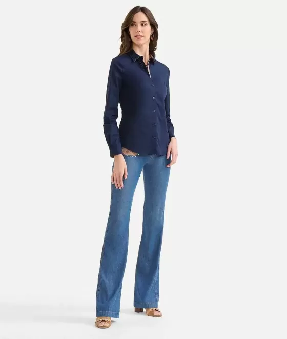 Donna Alviero Martini 1a Classe Camicia Ufficio In Popeline Di Cotone Stretch Blu Notte