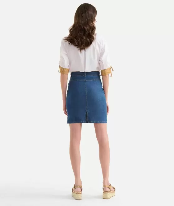 Donna Alviero Martini 1a Classe Gonna Con Borchie In Denim Leggero Blu Doppio Stone