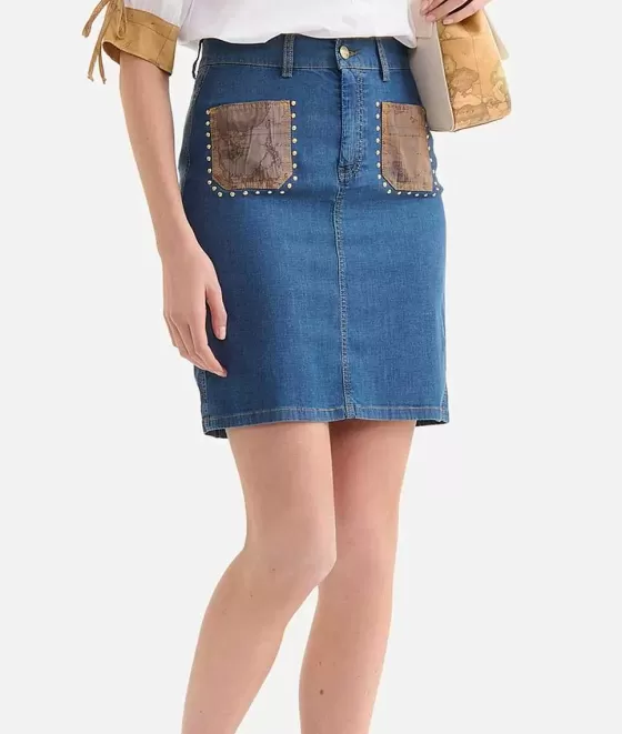 Donna Alviero Martini 1a Classe Gonna Con Borchie In Denim Leggero Blu Doppio Stone