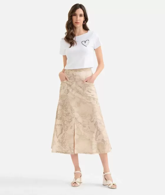 Donna Alviero Martini 1a Classe Gonna Lunga Con Tasconi In Popeline Di Cotone Geo Color Beige