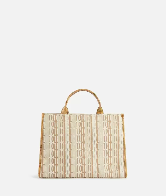 Donna Alviero Martini 1a Classe Jacquard Sand Borsa A Mano Grande Con Tracolla Naturale