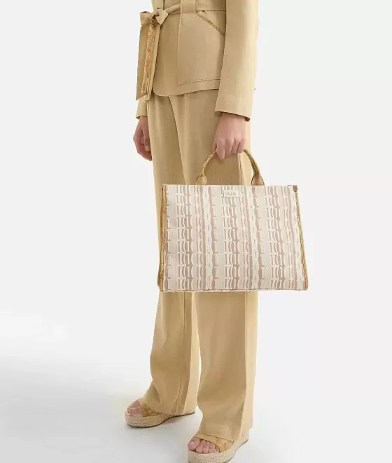 Donna Alviero Martini 1a Classe Jacquard Sand Borsa A Mano Grande Con Tracolla Naturale
