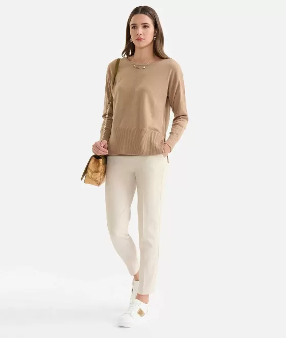 Donna Alviero Martini 1a Classe Maglia Girocollo Con Spacchi In Filato Misto Cashmere Cammello