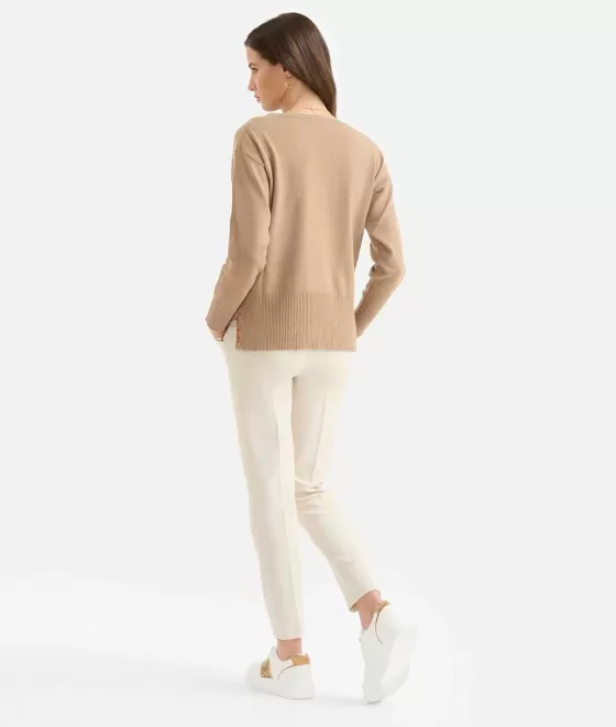 Donna Alviero Martini 1a Classe Maglia Girocollo Con Spacchi In Filato Misto Cashmere Cammello