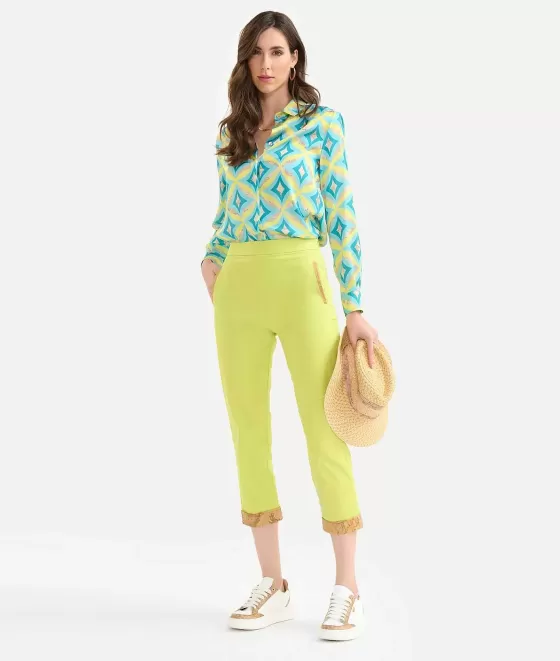 Donna Alviero Martini 1a Classe Pantalone Con Risvolto In Gabardina Di Cotone Stretch Lime