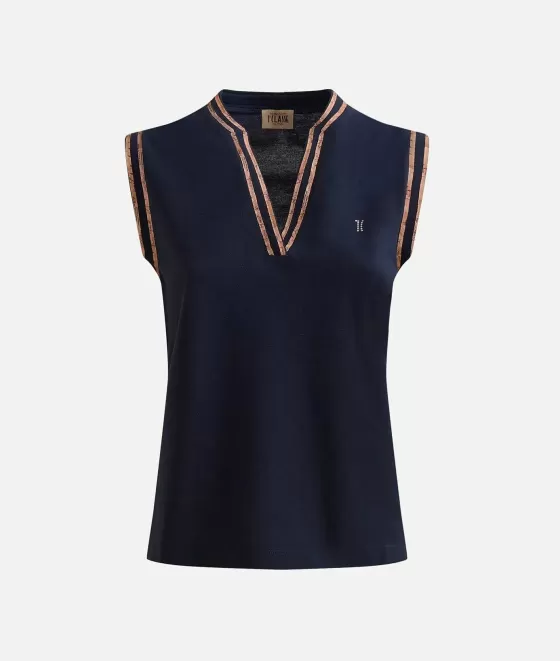 Donna Alviero Martini 1a Classe Polo Smanicata In Jersey Piquet Blu Scuro