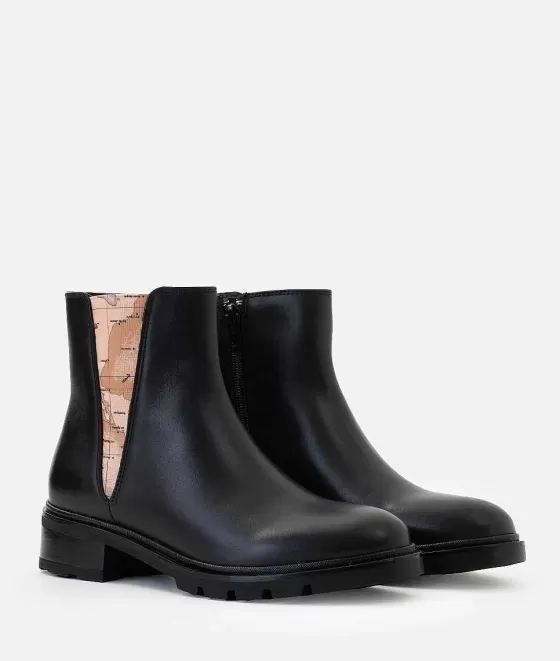 Donna Alviero Martini 1a Classe Stivaletti Beatles In Pelle Liscia Con Elastico Stampa Geo Classic Neri