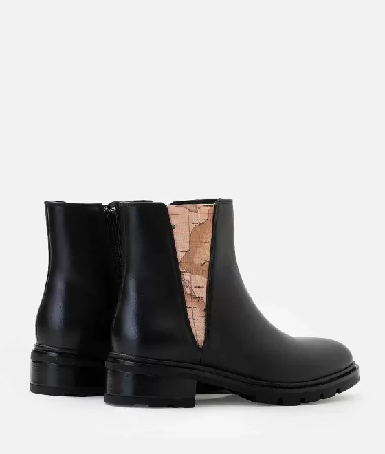 Donna Alviero Martini 1a Classe Stivaletti Beatles In Pelle Liscia Con Elastico Stampa Geo Classic Neri