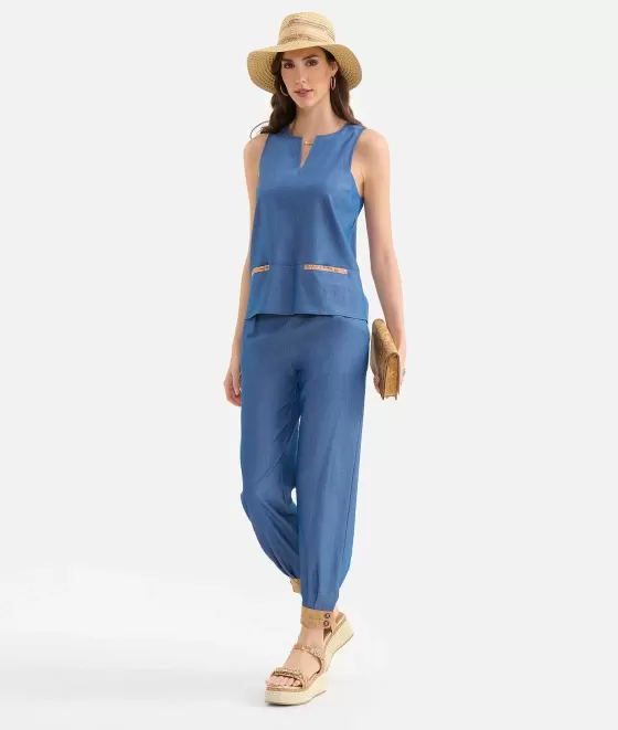 Donna Alviero Martini 1a Classe Top Con Taschine In Denim Fluido Blu Medio