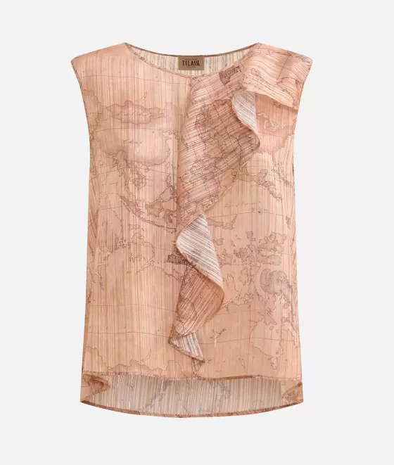 Donna Alviero Martini 1a Classe Top Con Volant In Organza Stampa Geo Special Beige