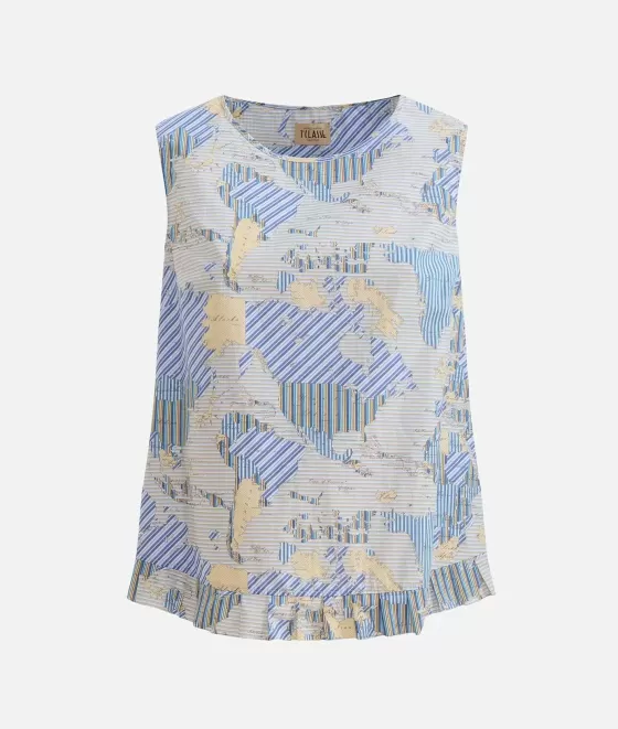 Donna Alviero Martini 1a Classe Top Smanicato Con Rouches In Popeline Di Cotone Biologico Stampa Geo Multirighe Blu