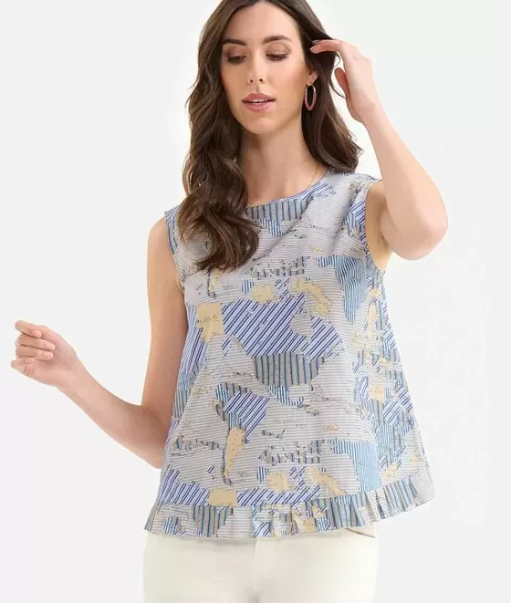 Donna Alviero Martini 1a Classe Top Smanicato Con Rouches In Popeline Di Cotone Biologico Stampa Geo Multirighe Blu