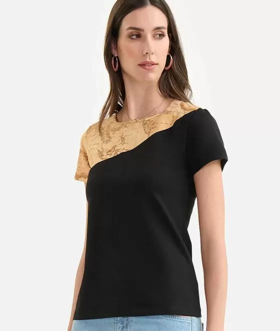 Donna Alviero Martini 1a Classe T-Shirt Bimaterica In Jersey Di Cotone Stretch Nera